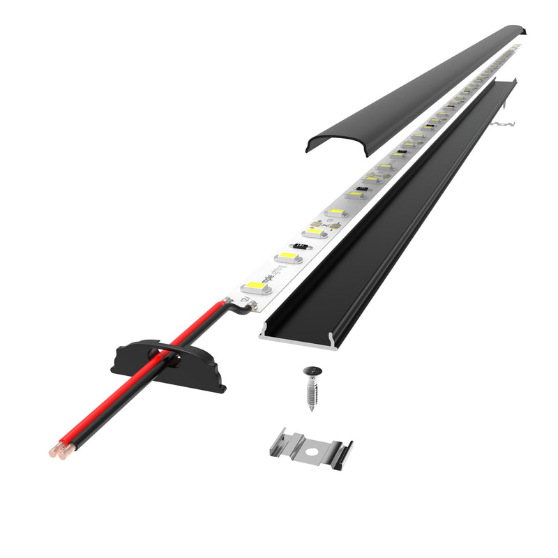 deconstructed black bendable LED profile with black diffuser and strip light