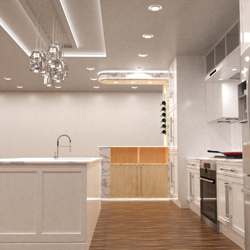 side full shot of a kitchen with white bendable profile