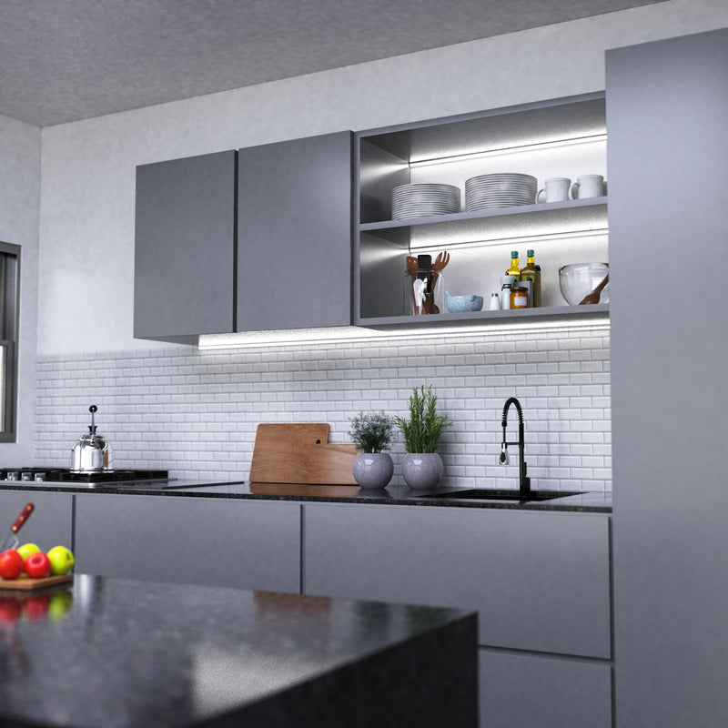 kitchen with mounted corner LED profiles