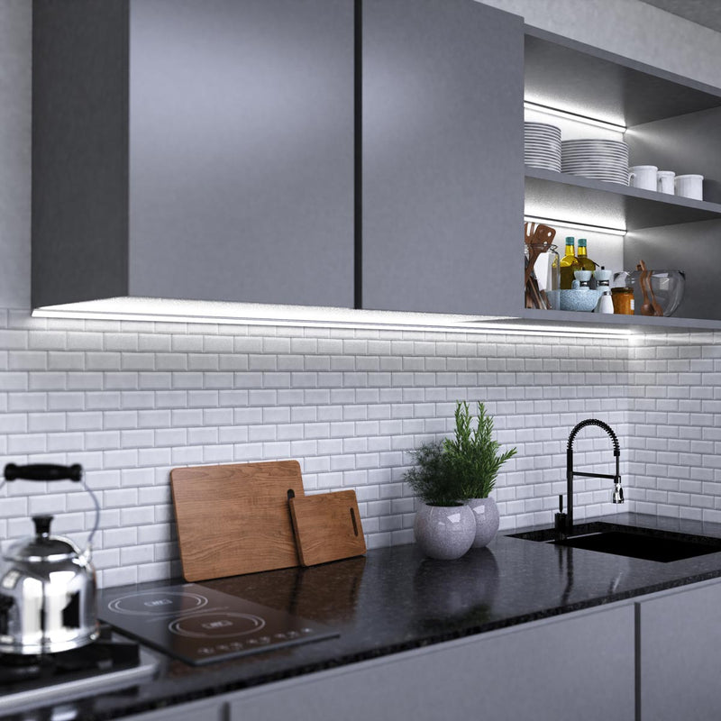 mid shot of a kitchen with mounted corner LED profiles