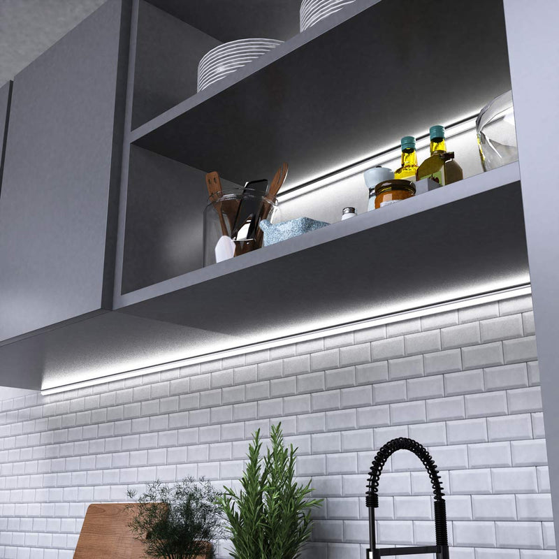 close up of a kitchen with mounted corner LED profiles