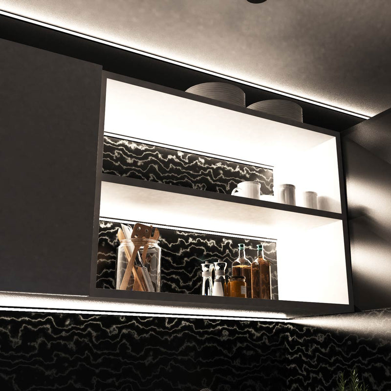 mounted black LED profile with a frosted cover on a cabinet