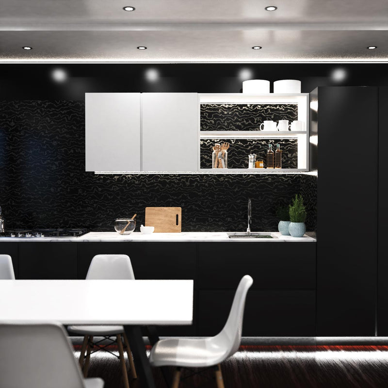 full shot of a kitchen that has a black LED profile with a frosted cover