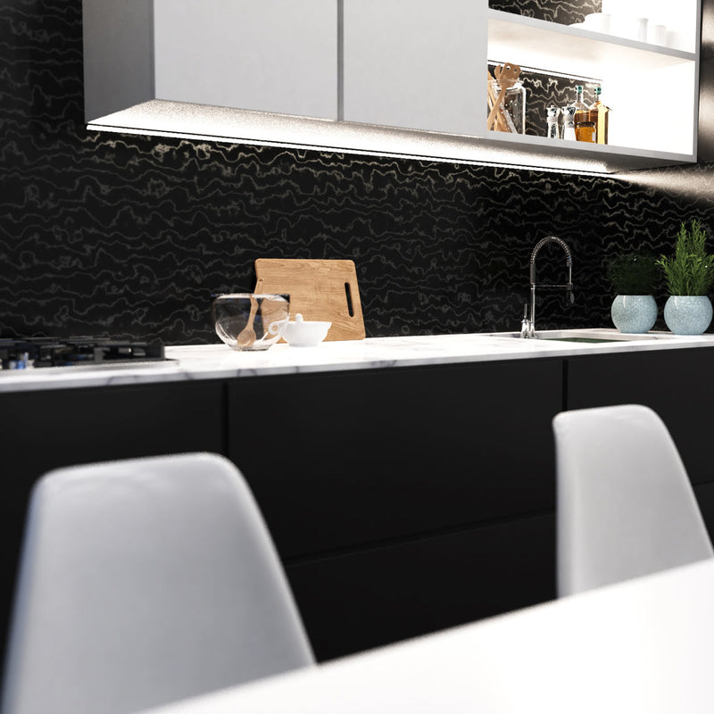 mid shot of a kitchen that has a black LED profile with a frosted cover