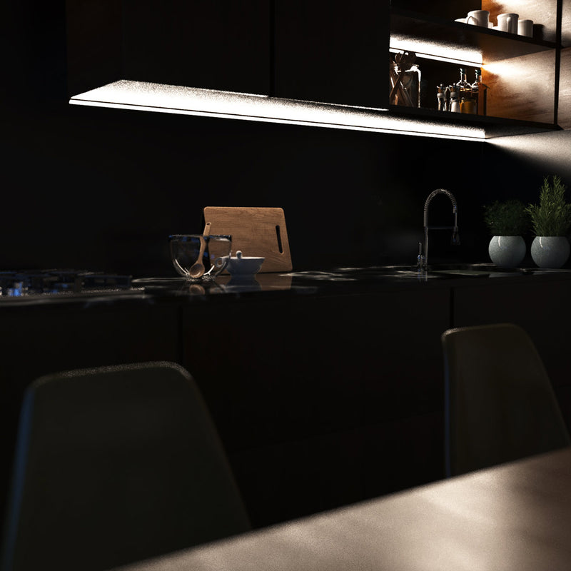 mid shot of a kitchen with mounted black corner profile