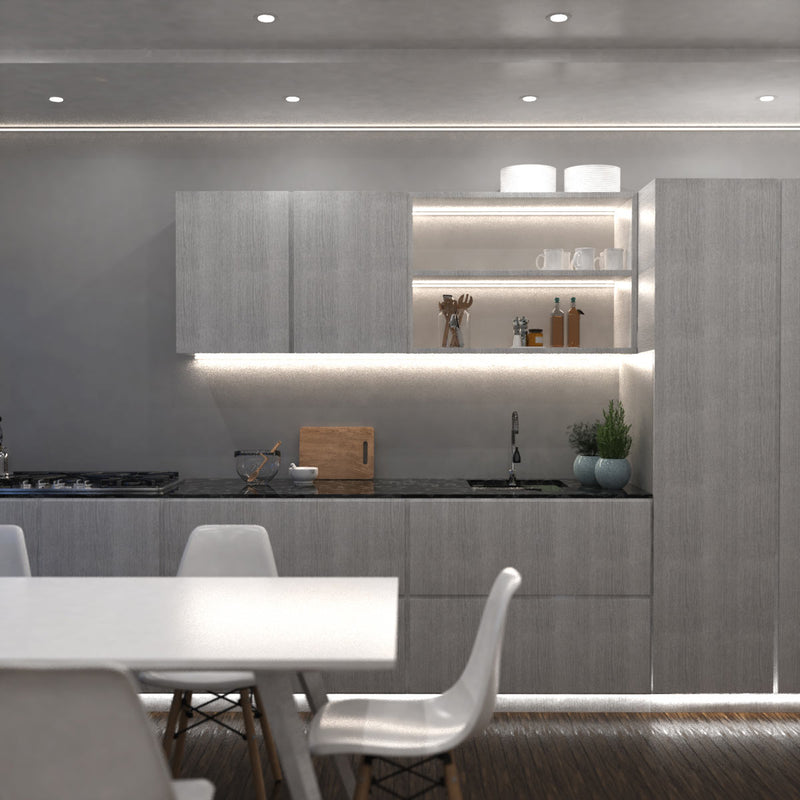 full shot of a kitchen with mounted white LED corner profile