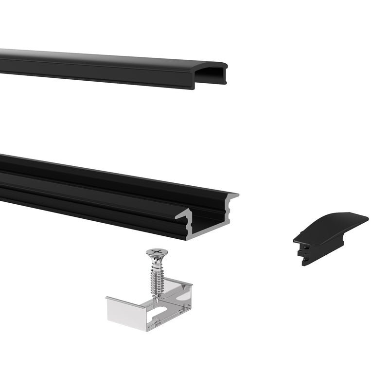 2m Black Aluminium Profile, Recessed With Cover and End Caps
