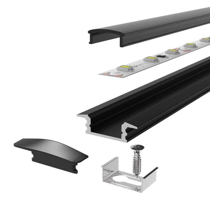 2m Black Aluminium Profile, Recessed With Cover and End Caps