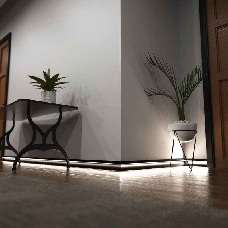 Simple Lighting - PRO-SKIRT-MB-2M - Black Skirting Profile Installed - Hallway - Mid Zoom - Natural White