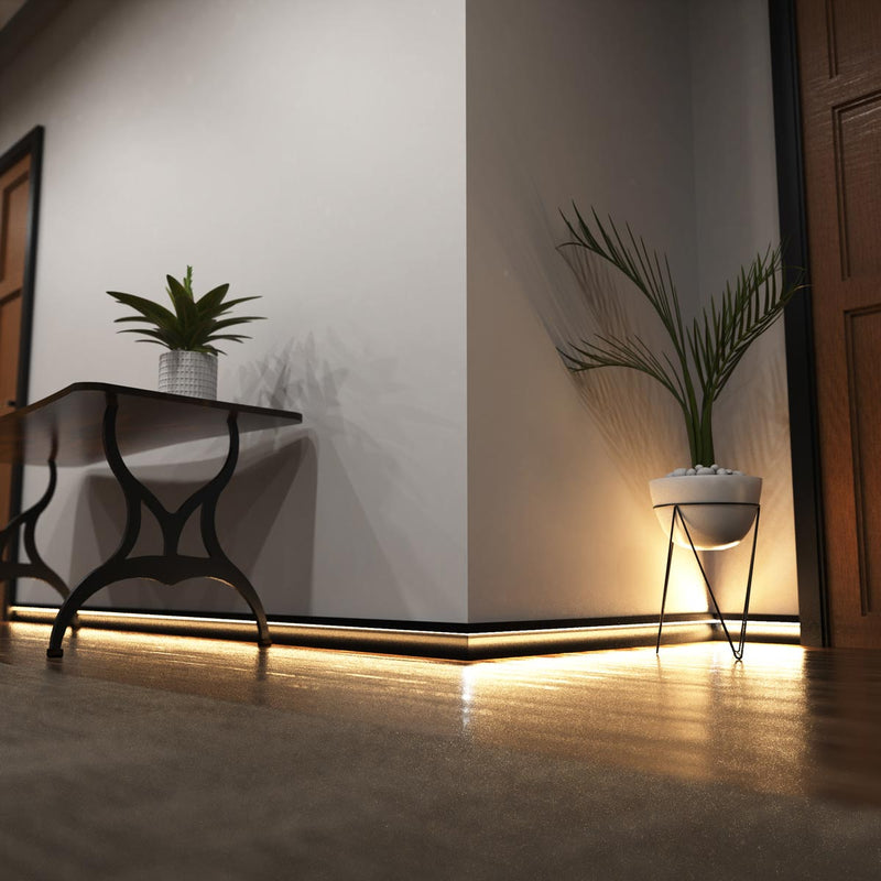 Simple Lighting - PRO-SKIRT-MB-2M - Black Skirting Profile Installed - Hallway - Mid Zoom - Warm White