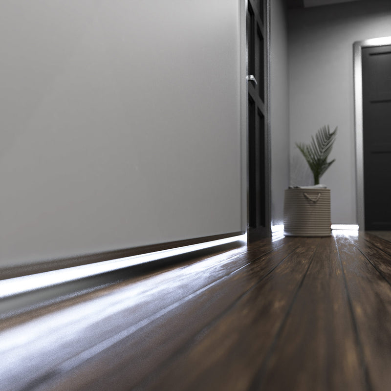 Simple Lighting - PRO-SKIRT-S-2M - Silver Skirting Profile Installed - Hallway - Mid Zoom - Cool White