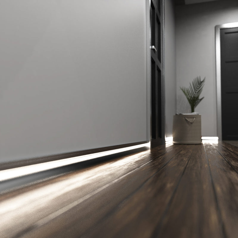 Simple Lighting - PRO-SKIRT-S-2M - Silver Skirting Profile Installed - Hallway - Mid Zoom - Natural White