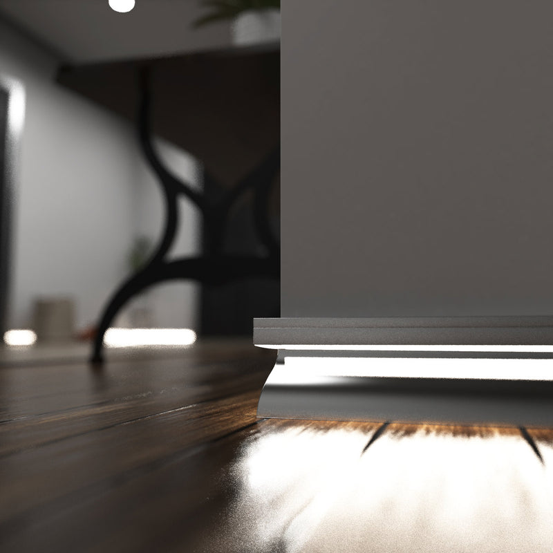 Simple Lighting - PRO-SKIRT-S-2M - Silver Skirting Profile Installed - Zoom In - Natural White