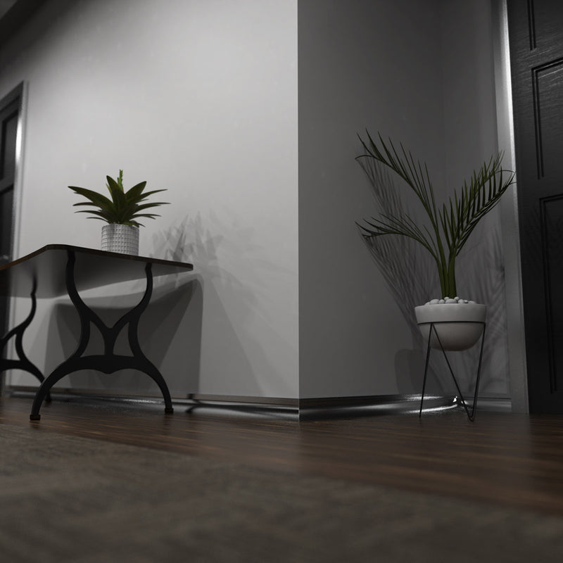 Simple Lighting - PRO-SKIRT-S-2M - Silver Skirting Profile Installed - Corner Hallway