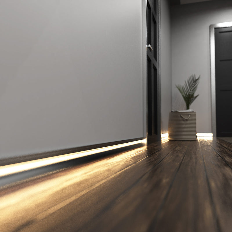 Simple Lighting - PRO-SKIRT-S-2M - Silver Skirting Profile Installed - Hallway - Mid Zoom - Warm White