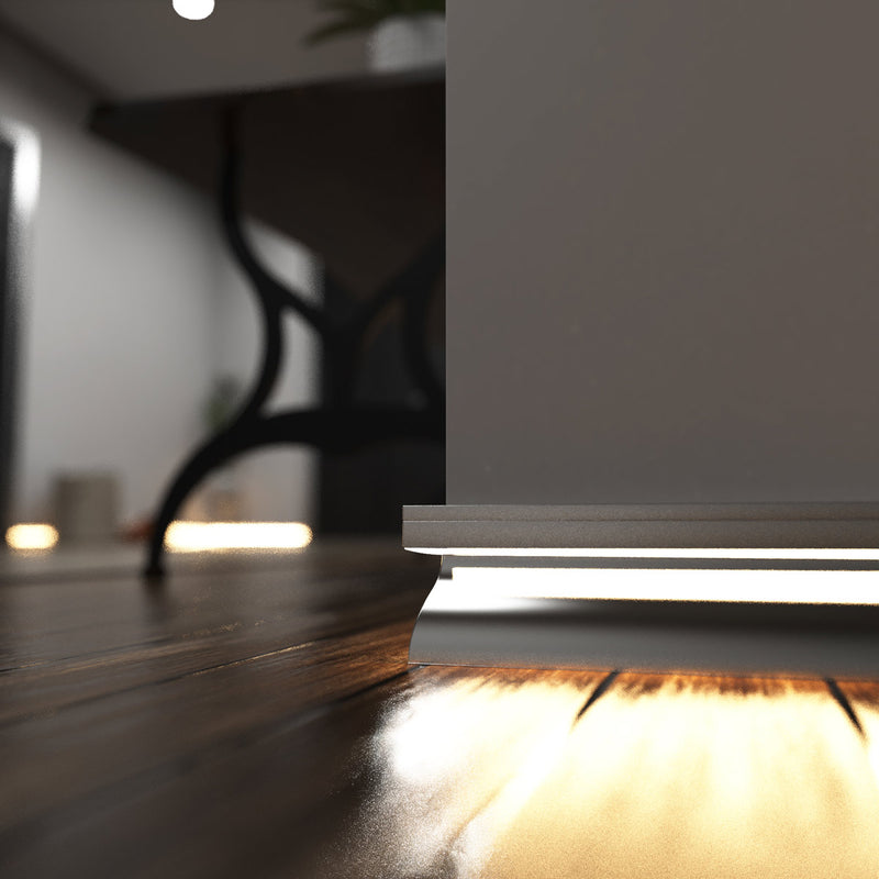 Simple Lighting - PRO-SKIRT-S-2M - Silver Skirting Profile Installed - Zoom In - Warm White