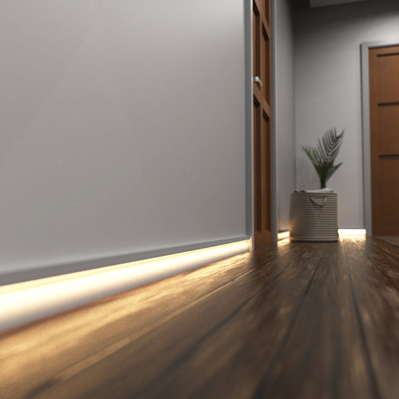 Simple Lighting - PRO-SKIRT-WH-2M - White Skirting Profile Installed - Hallway - Mid Zoom - Warm White