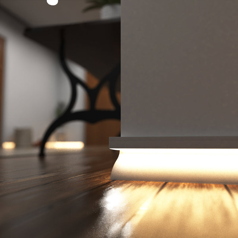 Simple Lighting - PRO-SKIRT-WH-2M - White Skirting Profile Installed - Zoom In - Warm White