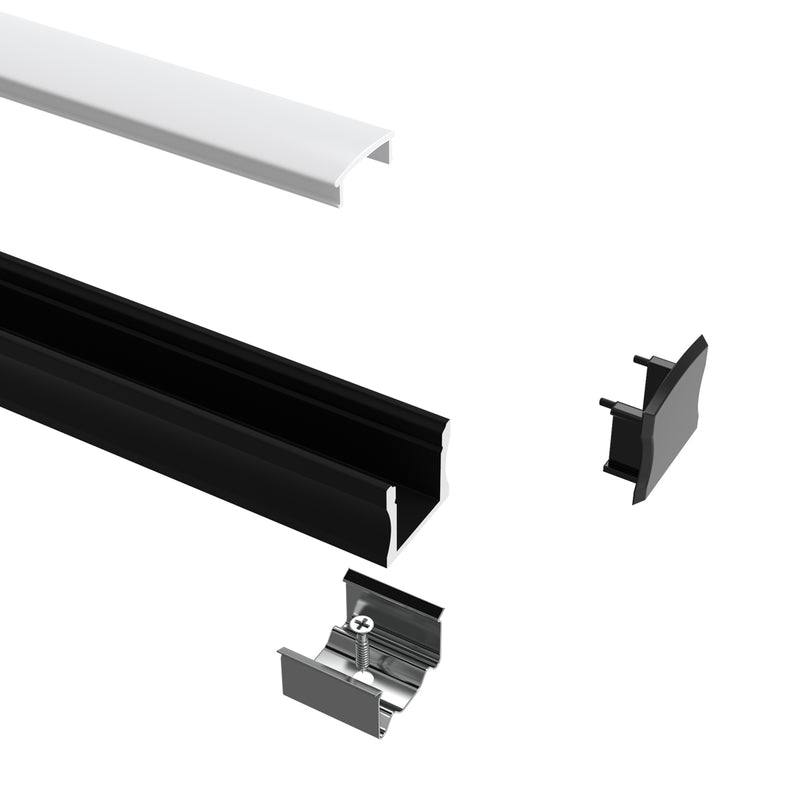 2m, Black 15mm Aluminium LED Profile, Includes Frosted Cover