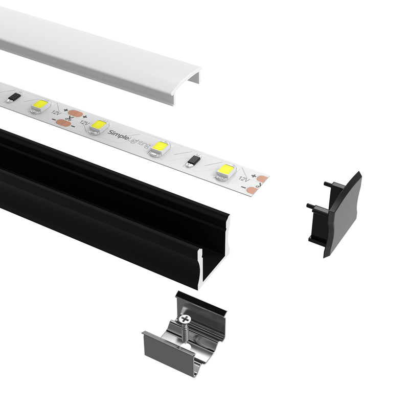 2m, Black 15mm Aluminium LED Profile, Includes Frosted Cover