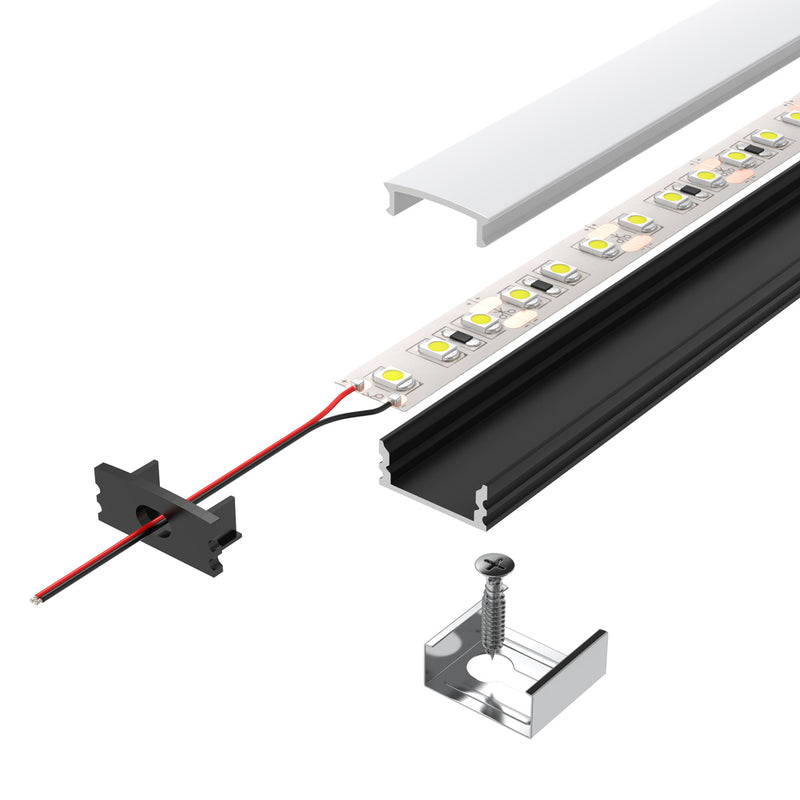 2m, LED Profile, Black Slimline With Diffuser, Incl End Caps and Brackets
