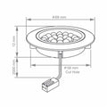 Outline with dimensions of a round LED cabinet light 