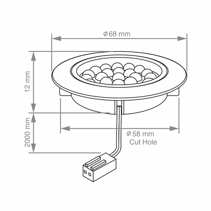 Outline with dimensions of a round LED cabinet light 