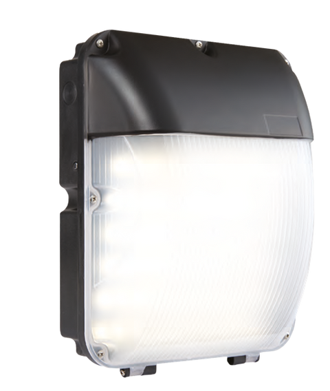 A close-up image of a black and white wall light on a white background.