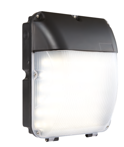 A close-up image of a black and white wall light on a white background.