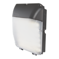 A wall pack with a black base and a frosted prismatic lens cover on a white background.