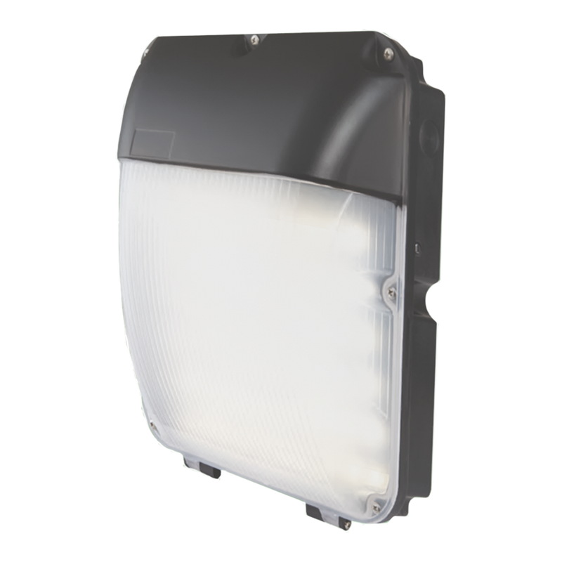 A wall pack with a black base and a frosted prismatic lens cover on a white background.