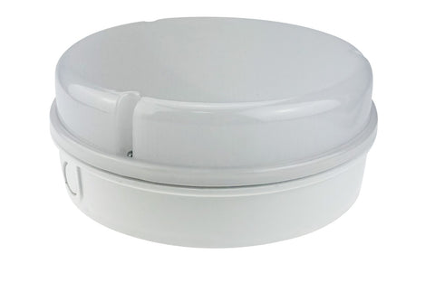 An image of a white base and cover bulkhead light on a white background.
