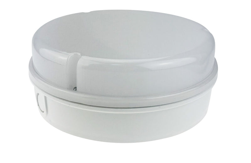 An image of a white base and cover bulkhead light on a white background.