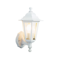 A wall lantern with a white frame and a warm light bulb fitted inside, white background.