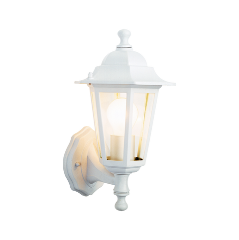 A wall lantern with a white frame and a warm light bulb fitted inside, white background.
