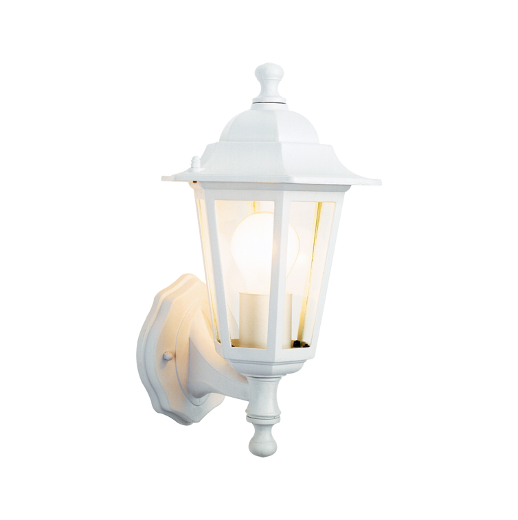 A wall lantern with a white frame and a warm light bulb fitted inside, white background.