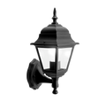 A black wall lantern with see-through glass panels and a visible white light bulb on a white background.