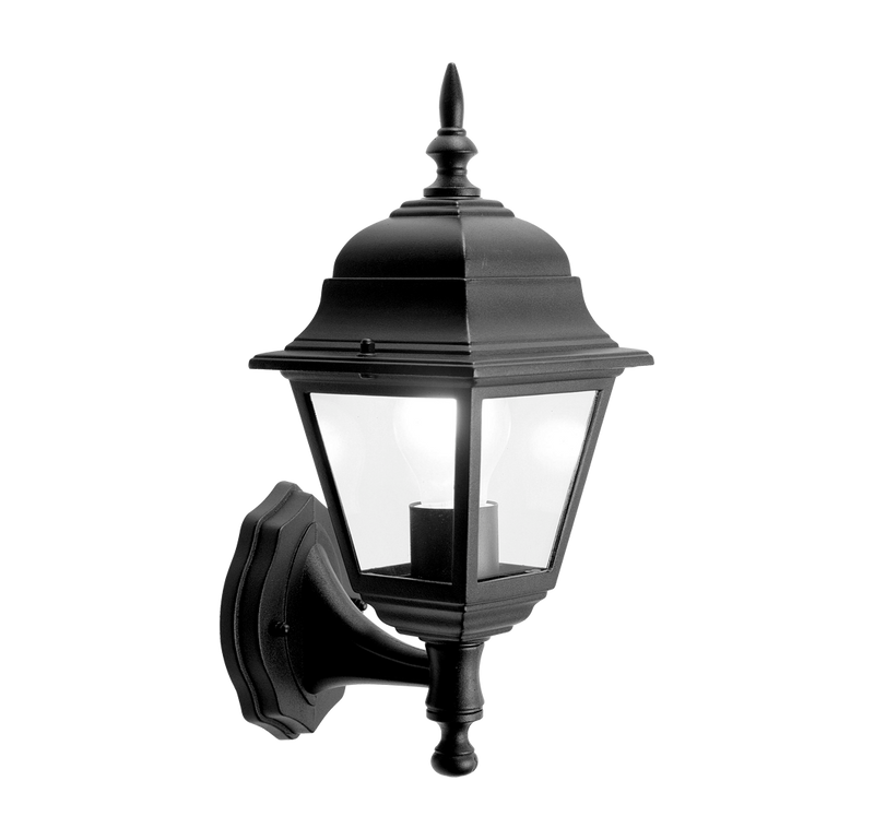 A black wall lantern with see-through glass panels and a visible white light bulb on a white background.