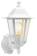 A white lantern with clear glass panels and a glowing warm-coloured light bulb inside, white background.