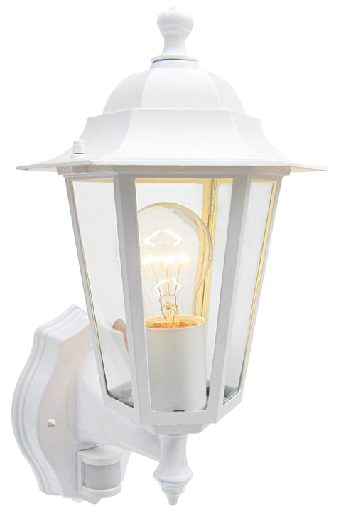 A white lantern with clear glass panels and a glowing warm-coloured light bulb inside, white background.