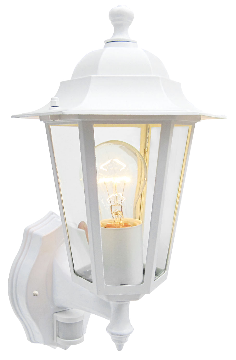 A white lantern with clear glass panels and a glowing warm-coloured light bulb inside, white background.