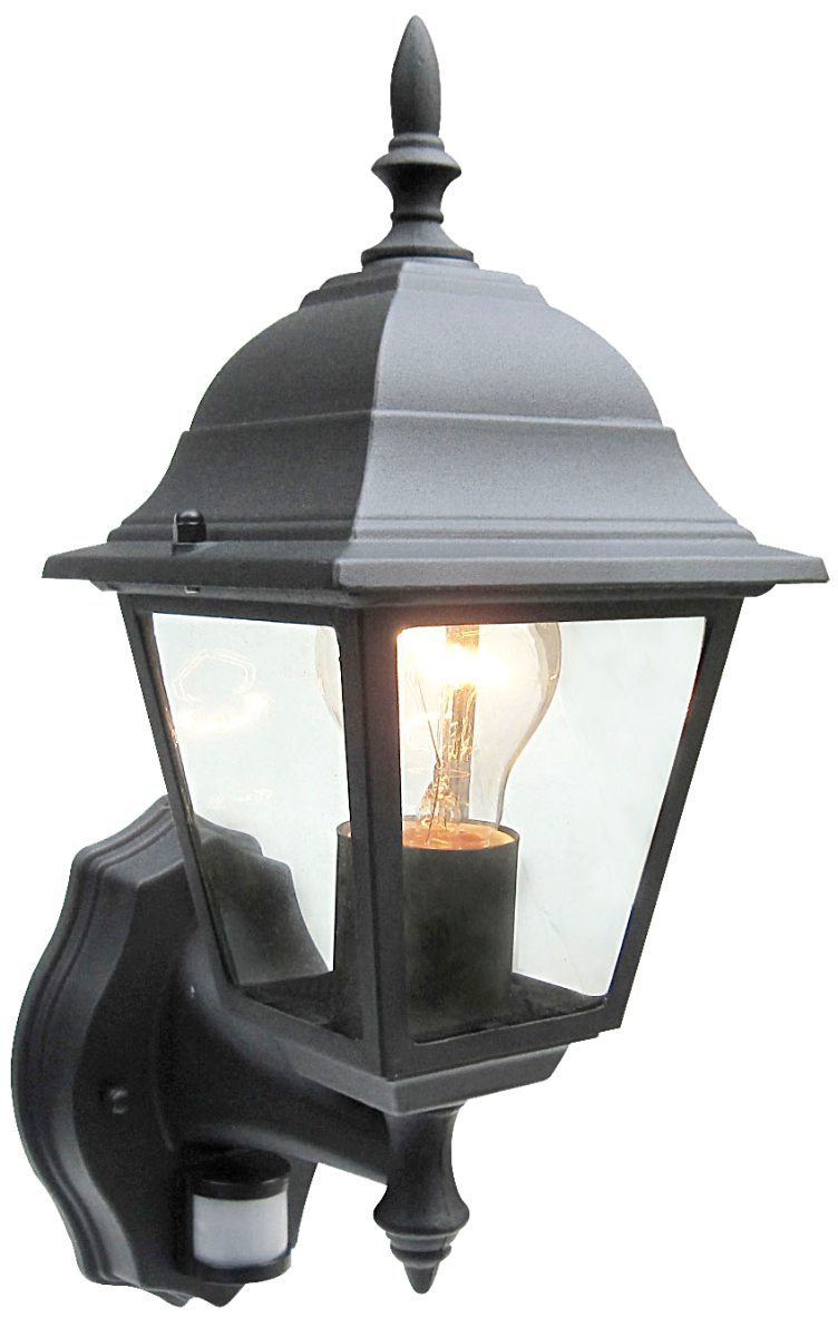 A black wall lantern with clear glass panels and a warm light bulb on a white background.