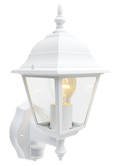 A white lantern with clear glass panels and a visible light bulb glowing with a warm glow on a white background.