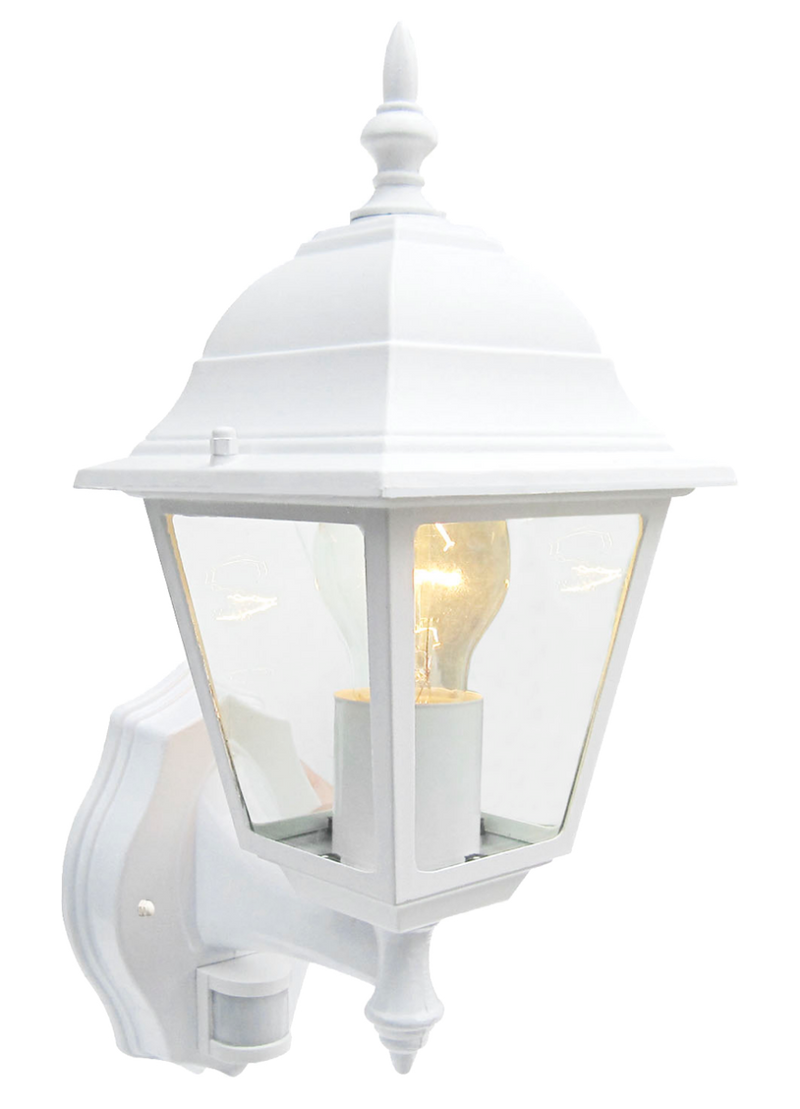 A white lantern with clear glass panels and a visible light bulb glowing with a warm glow on a white background.