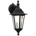 A black wall light or lantern with a warm E27 light bulb on a white background.