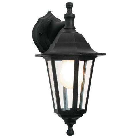 A black wall light or lantern with a warm E27 light bulb on a white background.