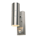 An image of a stainless steel wall light with a warm glow at the bottom on a white background.