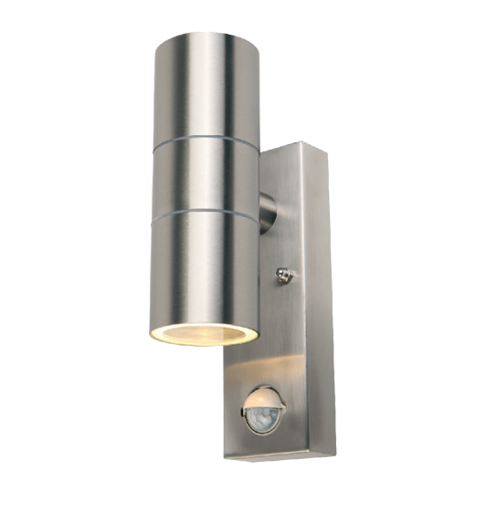 An image of a stainless steel wall light with a warm glow at the bottom on a white background.