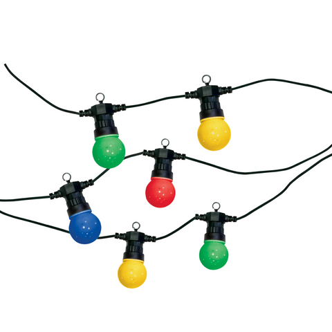 A festoon string on a white background, showcasing multiple colourful globe lamps.