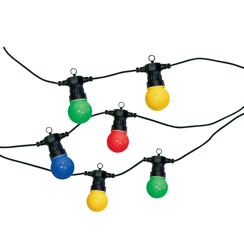 A festoon string on a white background, showcasing multiple colourful globe lamps.